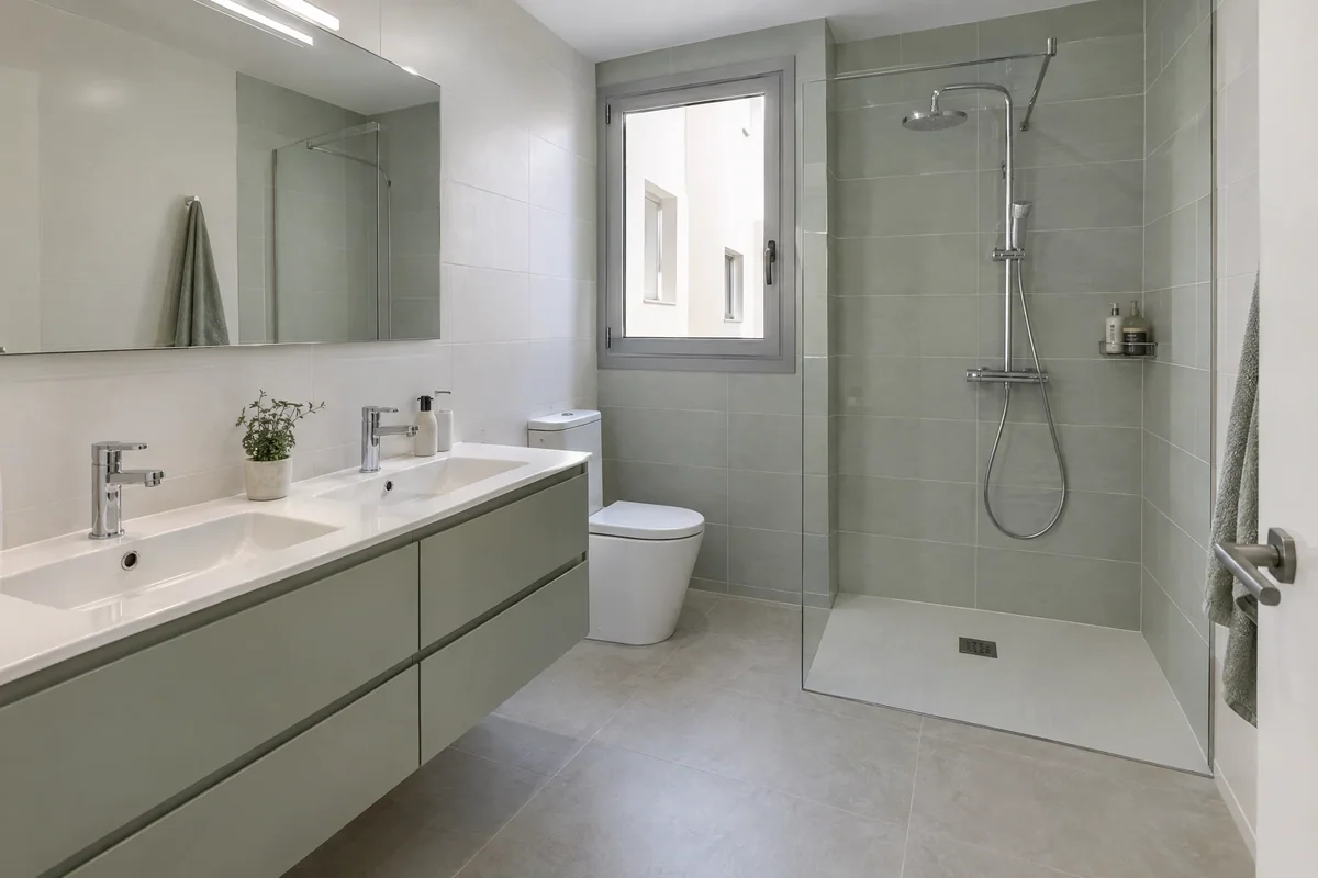 Bathroom design: walk-in shower and two basins
